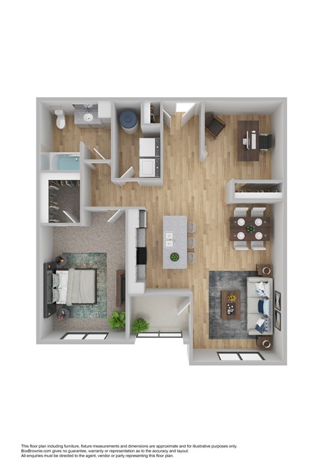 A floor plan of a furnished apartment with a kitchen, living room, and bathroom.